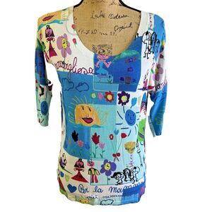 Lafty Lie "Art-To-Wear" Colorful Printed 3/4 Sleeve Scoop Neck Sweater Sz 10/46